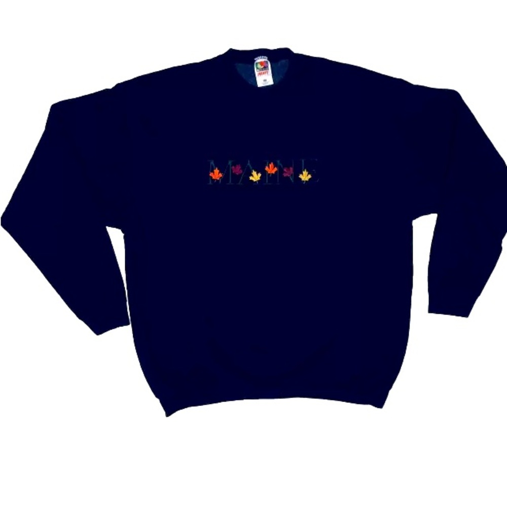 Vintage 90s Heavyweight Sweatshirt Maine/ Leaves Cotton Navy Blue